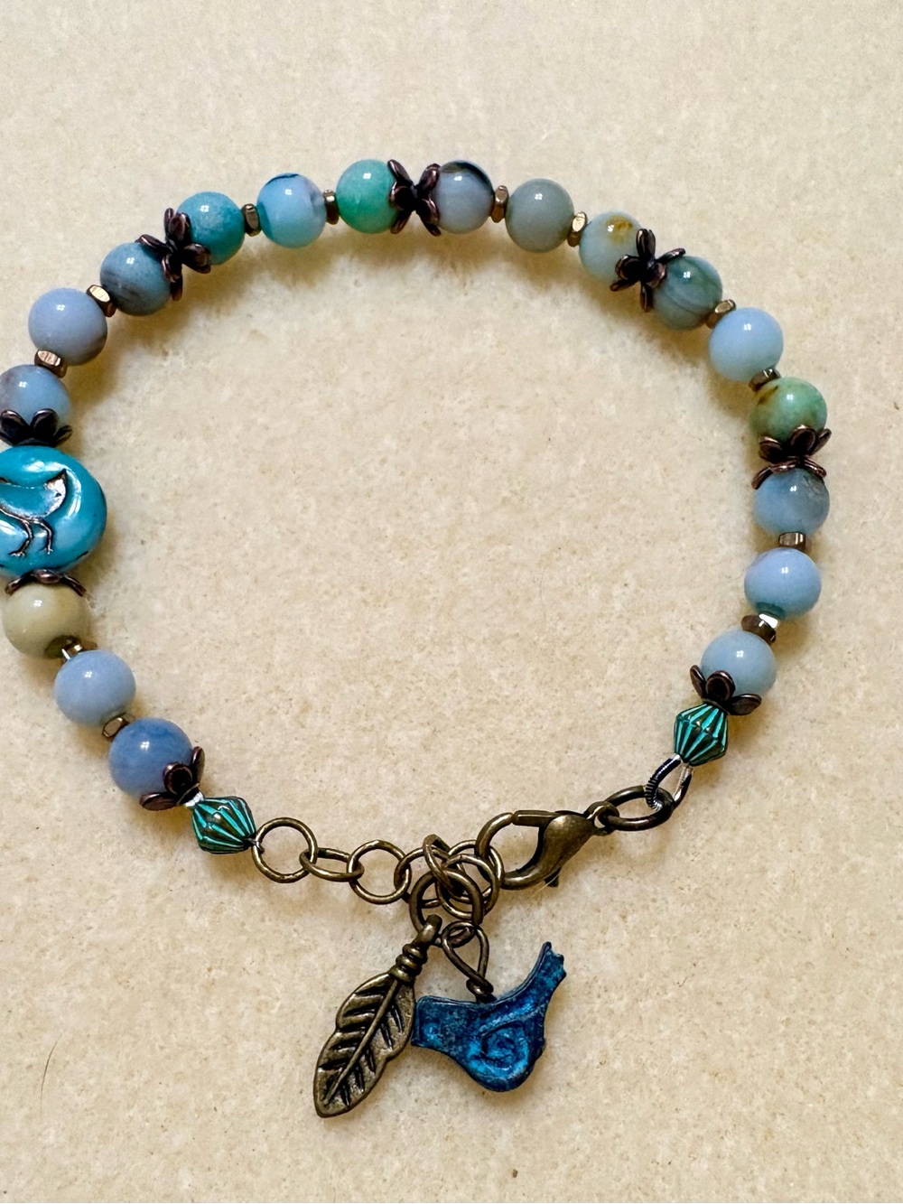 Blue & Teal Beaded dragon skin Agate Bracelet with Bronze accents 7.5/8 inches